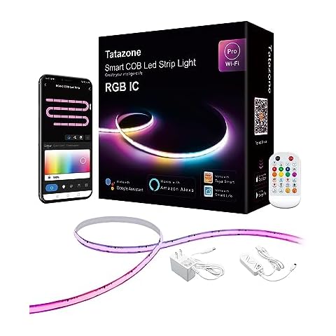 Tatazone 16.4ft RGB+IC Smart COB Led Strip Light with Remote, DIY Colors WiFi COB Strip Light Work with Alexa and Google, Music Sync Color Changing Indoor Led Lights for Cabinet, Desk, Chritmas Cover