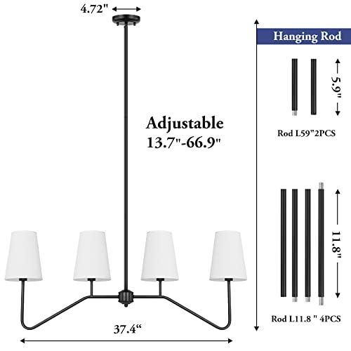 Brightever JP21709.4BK Linear Chandelier—Kitchen Island Lighting, 4-Light Black Chandeliers For Dining Room Light Fixture Over Table, Modern Pendant Lights With White Fabric Shades thumb #1