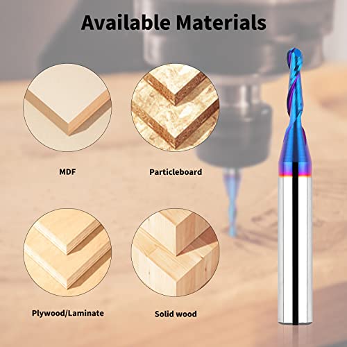 Eanosic Carbide Ball Nose Cnc Bit 1/4 Inch Shank, 1/8" Cutting Diameter End Mill Bits Spiral Router Bits Wood Milling Tool With Nano Blue Coating For Carving Engraving #TOP3
