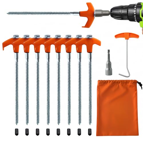 8-Pack Heavy Duty Screw-in Tent Stakes with Drill Adapter –