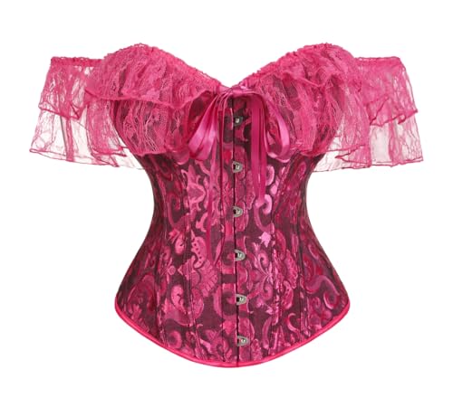 Image of Kelvry Sexy Women Off Shoulder Lace Sleeve Boned Corset Bustier Top Lace Up Waist Cincher Plus Size Halloween Fancy Dress Party Costume