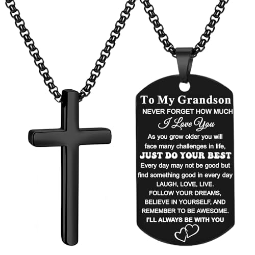 YYQX Cross Necklace for Men Bible Verse Stainless Steel Dog Tag Chain for Grandson Mens Christmas Valentines Graduation Birthday Gifts Baptism Religious Communion Jewelry (Grandson-I will always be with you, Black)
