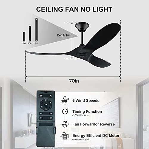 Wlluio 70 Inch Large Black Outdoor Ceiling Fans For Patios, Large Air Volume Outdoor Indoor Wood Ceiling Fan With Remote Control, 6 Speed Silent Industrial Propeller Ceiling Fan, Reversible Dc Motor #TOP6