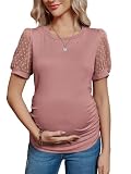 FMEYOA Women's Maternity Shirt Short Sleeve Top Swiss Dot Mock Neck Ribbed Knit Striped Ruched Side Blouse(Z-Pink,Large)