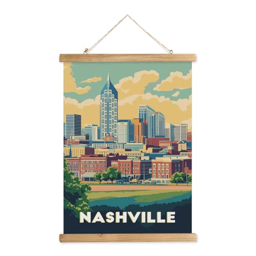 WREVERW Vintage Nashville Poster Canvas Print with Wooden Hanger Frame, Featuring Iconic AT&T Building Skyline, Wall Art for Home and Office Decor, 16×23 inches