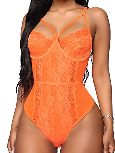 Kaei&Shi Front Double Strap See Through Lingerie,V-Neck Floral Lace Babydoll,Sexy Lingerie For Women,One Piece Bodysuit Petite Orange Small