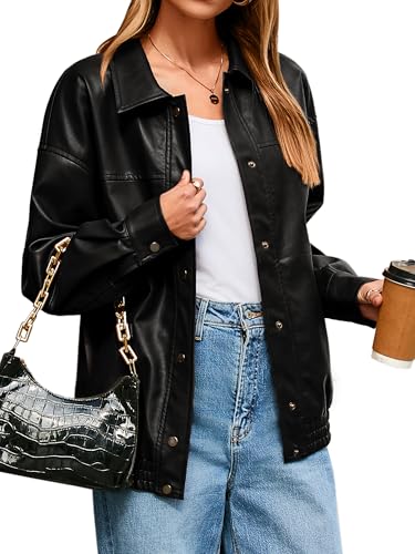 Glamaker Womens Oversized Faux Leather Jacket Fall Outfits Button Down