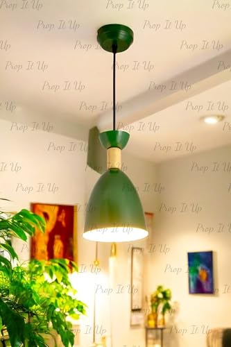 Image of Prop It Up Modern Pendant Light, Green Bell-Shaped Shade, Wooden Accent, Ceiling Mount, Without Bulb