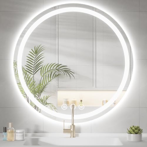 Round LED Bathroom Mirror with Lights, Backlit & Front Lighted, Wall-Mounted Vanity Mirror 3000K/4000K/6000K, Memory Functions, Anti-Fog, Dimmable Smart Mirror (Round 28