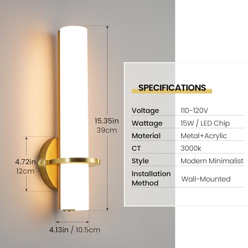 Image of AIJIASI Wall Sconces - 15 inch Gold Wall Sconces Set of Two Modern Bathroom Sconce 15W Dimmable LED Wall Sconce Light with Acrylic Lampshade, Bathroom Vanity Light for Mirror Living Room Hallway 3000K