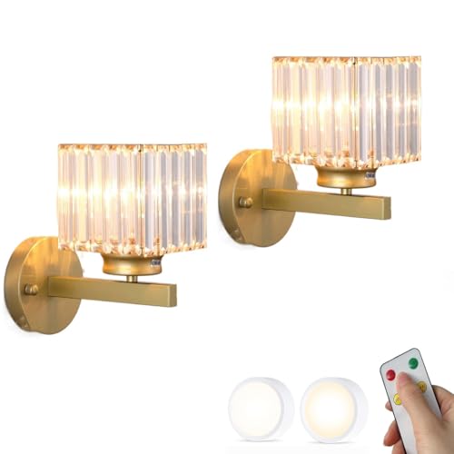 Apliques de pared de cristal, luces LED de pared con control remoto, función de atenuación, lámpara inalámbrica para dormitorio, sala de estar, pasillo, color dorado y negro