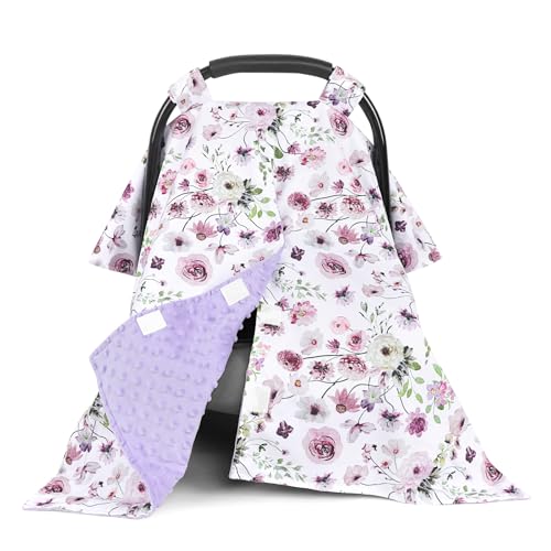 Image of Baby Car Seat Cover, Soft Minky Warm Winter Car Seat Canopy for Infants & Toddlers, Opening with Adjustable Strap, Breathable Nursing Cover & Stroller Blanket, Purple Flowers (Fits Most Car Seats)