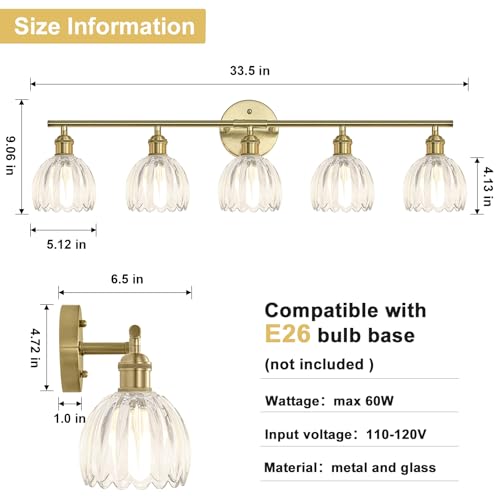 Image of Vintage Bathroom Light fixtures, Gold Vanity Lights, ETL Certified