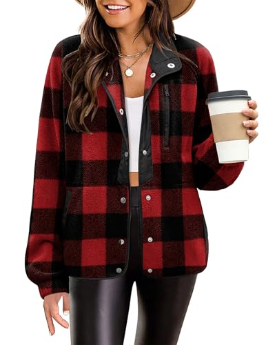 Zeagoo Women's Plaid Shacket Jacket Fuzzy Fleece Snap Button Down Coat Stand Collar Warm Outwear with Pockets