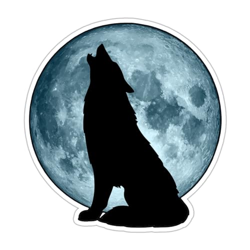 Image of Wolf Howling at Moon Vinyl Waterproof Sticker Decal for Laptop Water Bottle Car Bumper Night Sky Animal Art Sticker 5 Inch