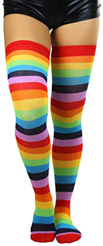 Image of ToBeInStyle Women's Bright Vibrant Rainbow Striped Thigh High Rave Stockings