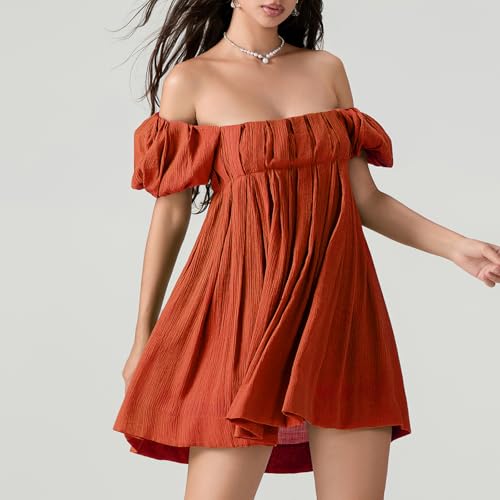 Image of Women Y2k Puff Sleeve Babydoll Dresses Square Neck Tie Back Mini Dress Summer Solid Off Shoulder Flowy Sundress