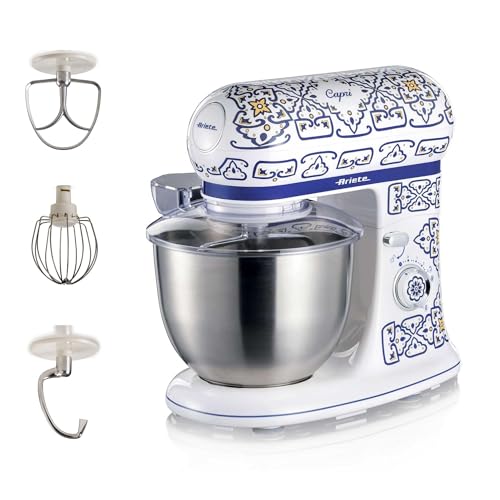 Ariete 1588 Küchenmaschine Capri, 7 Geschwindigkeitsstufen, 3 Quirle für Weiche und Feste Teige, Deckel mit Spritzschutz, 5,5 Liter Edelstahlschüssel, Mediterranes Design, 2400 Watt