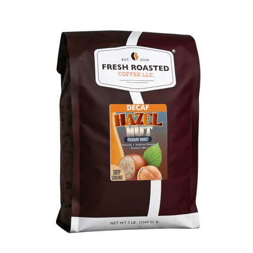 Fresh Roasted Coffee, Decaf Hazelnut Flavored Drip Ground Coffee, Medium Roast, Kosher, 5 lb (80 oz)
