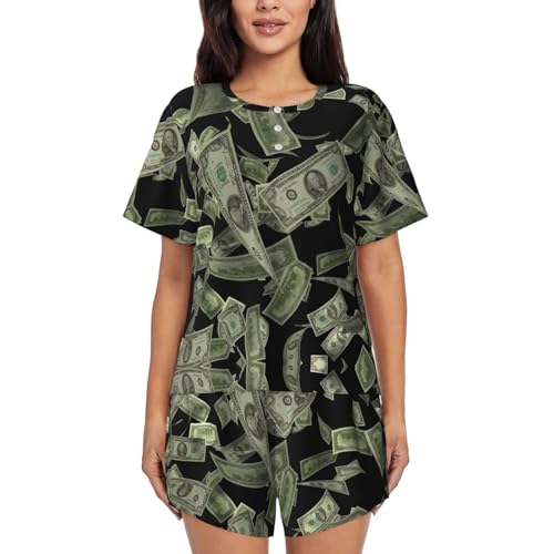 HVTTIOR - Conjunto de pijama de manga corta con estampado de dólar y dinero, para las cuatro estaciones, cómodo e informal, Negro, S