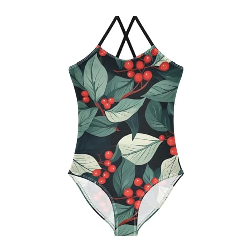 KLL Christmas Holly Leaves Girl 1 Piece Bathing Suit Summer Swimming Suits with Adjustable Straps UPF 50+