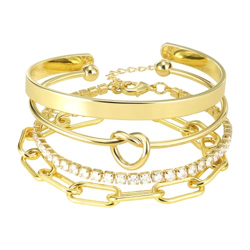 Reoxvo Gold Bracelets Stack Jewelry for Women Non Tarnish Waterproof | 14K Gold Plated Bangle Cuff Bracelet Set Accessories