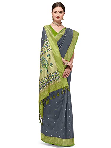 Image of Jaanvi fashion Women's Soft Silk Paithani Saree with Zari Border & Blouse Piece(paithani-silk-grey-03)