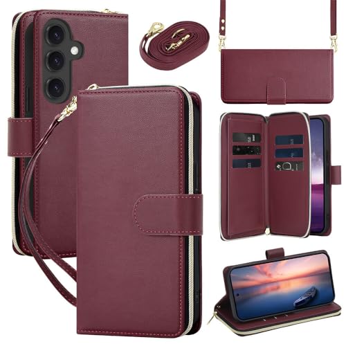 Étui Samsung Galaxy S25 Plus bordeaux avec fermeture éclair et sangle