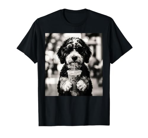 Bernedoodle Iced Coffee Photo Funny Dog Lover Art T-Shirt, Men, Black, 3X-Large