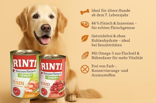 RINTI-Kennerfleisch Senior Mixpaket 12 x 400g | Nassfutter für ältere Hunde | je 6X Huhn & Rind | getreidefrei, 66% Fleisch, mit Omega 3 & Rübenfaser, ohne Konservierungsstoffe