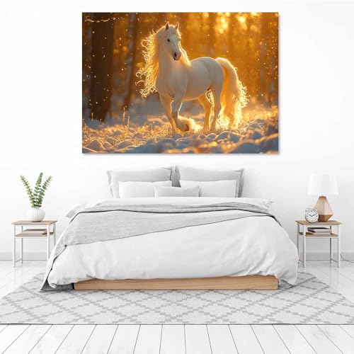 Poster cheval blanc forêt enneigée coucher de soleil tableau 60x90 - 3
