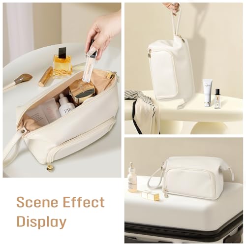 Abiudeng Makeup Bag for women,Toiletry Travel Makeup Bags Pouch with Brush Compartments, Large Portable Cosmetic Bag with Handle,Wide Open Cute Bag,PU Water-Resistant Makeup Bag-White