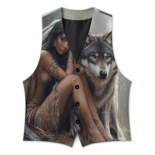 Indian Maiden And Wolf Native Am-erican Mens Slim Fit Suit Vest Dress Waistcoat Casual Business Vest3