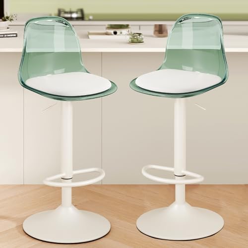 Butacos giratorios de acrílico ajustables para barra, set de 2, con respaldo transparente, diseño moderno para isla de cocina, con patas metálicas y cojín pequeño de poliuretano (verde) miniatura 1