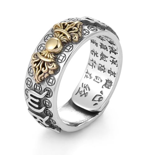 qczoyp Adjustable Pixiu Ring with Heart Sutra Mantra, Silver Plated Copper Ring for Men, Vintage Feng Shui Style Chinese Jewelry (Vajra, Golden)