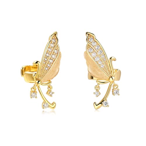 OSIANA Butterfly Ear Cuff for Women, 14K Gold Plated Non Piercing Clip On Wing Earring with Dangling Cubic Zirconia Sparkling Huggie Charm