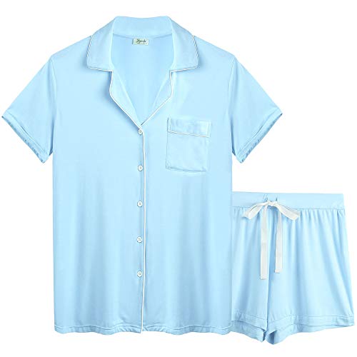 Cherrydew Womens Comfy Bamboo Pajamas Button Down Short Sleeve Pj Set Sleepwear(Light Blue, XL)