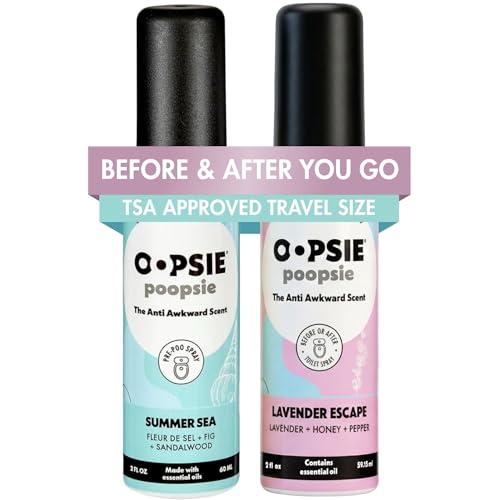 Oopsie Poopsie Toilet Spray Before & After You Go Bathroom Odor Eliminator & Neutralizer Spray Travel Size with Essential Oils TSA Approved Lavender Scape/Summer Sea 2 Pack 2 Oz.