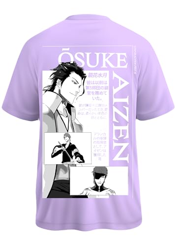 Image of Yume Men's Oversized Aizen Sosuke Anime Printed T-Shirt | 240 GSM Cotton Crew Neck Tee | Lavender & Black Beige Dual-Tone | Bleach Villain Merch | Long Length Drop Shoulder Streetwear (Black)