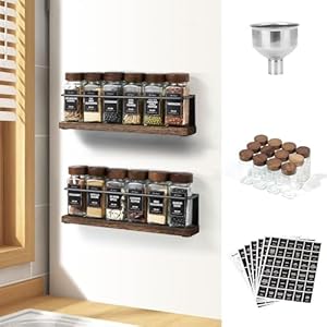 KitHero Wooden Lid Magnetic Spice Rack with 24 Jars, 216 Labels, 1 Steel Funnel for Refrigerator，Microwave Oven - Full Set of Spice Organizer