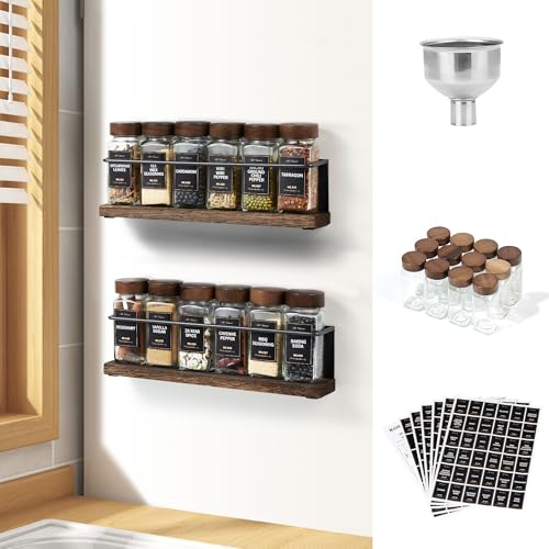 KitHero Wooden Lid Magnetic Spice Rack with 24 Jars, 216 Labels, 1 Steel Funnel for Refrigerator，Microwave Oven - Full Set of Spice Organizer