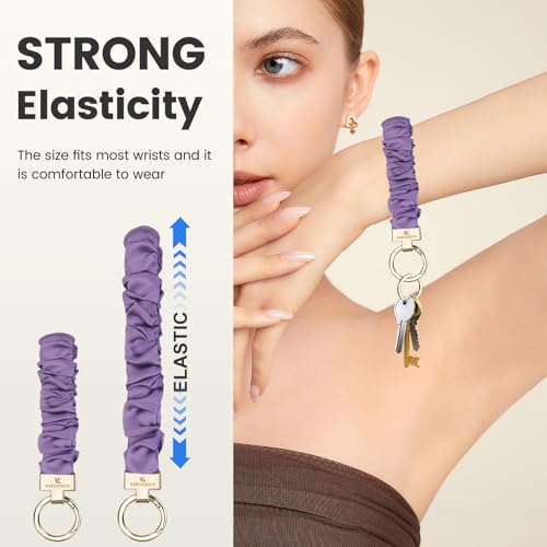 Image of Scrunchie Keychain Wristlet, Key Chain for Car Keys with D Ring, Stretchy Phone Charms with Tether Tab for Women.