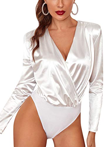 Romwe Women's Satin Long Sleeve Wrap V Neck Bodysuit Jumpsuit