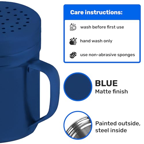 Image of CUSINIUM 10oz Navy Blue Stainless Steel Salt Pepper Dredge Shakers - With Plastic Cap - With Handle - Pack of 2