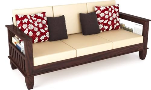 Image of Sheesham Wooden 3 Seater Sofa for Living Room | Rosewood 3 Seater Cushion Sofa for Home & Office | Solid Wood Sofa Set for Lounge (Walnut, 3 Seater)