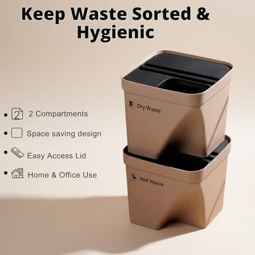 Image of 10L Dustbin with Lid | Beige | Pack of 2 | Multipurpose Garbage Bin for Kitchen, Home & Office | Wet & Dry Waste Basket for Food Waste, Recycling & Indoor Outdoor Use