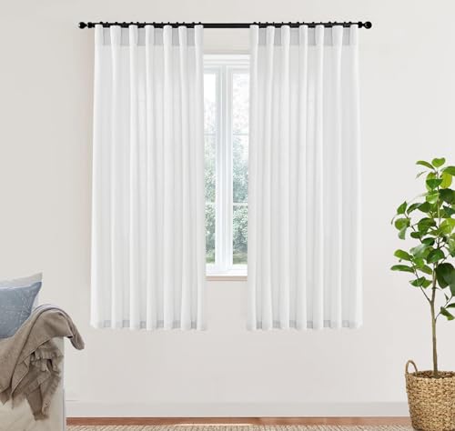Image of XTMYI White Sheer Curtains 63 Inch Length for Living Room 2 Panels Natural Linen Voile Rod Pocket Back Tab Short Sill Length Bay Window Curtain Set for Dark Bedroom,50x63 Inches Long,Pure White