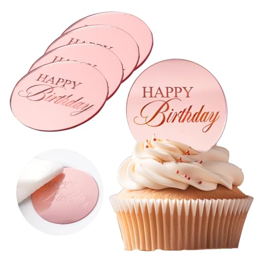 20Pcs Pink Acrylic Happy Birthday Cupcake Toppers for Birthday Party Decor