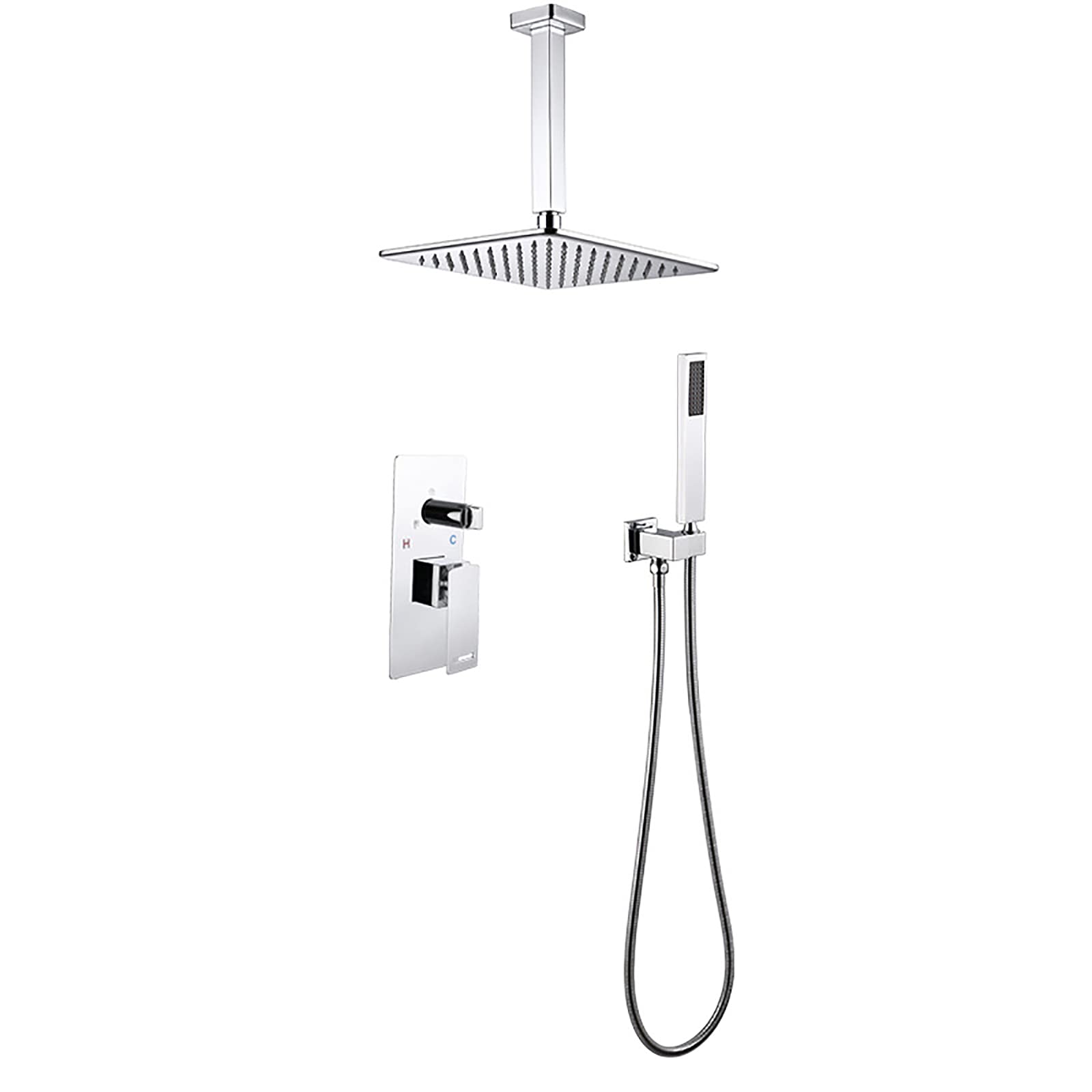 Système de douche encastré en chrome brillant avec son ciel de pluie carré moderne
