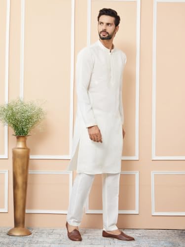 Image of See Designs Men's Long Sleeve Mandarin Collar Side Slit Off-White Embroidered Chanderi Silk Straight Kurta